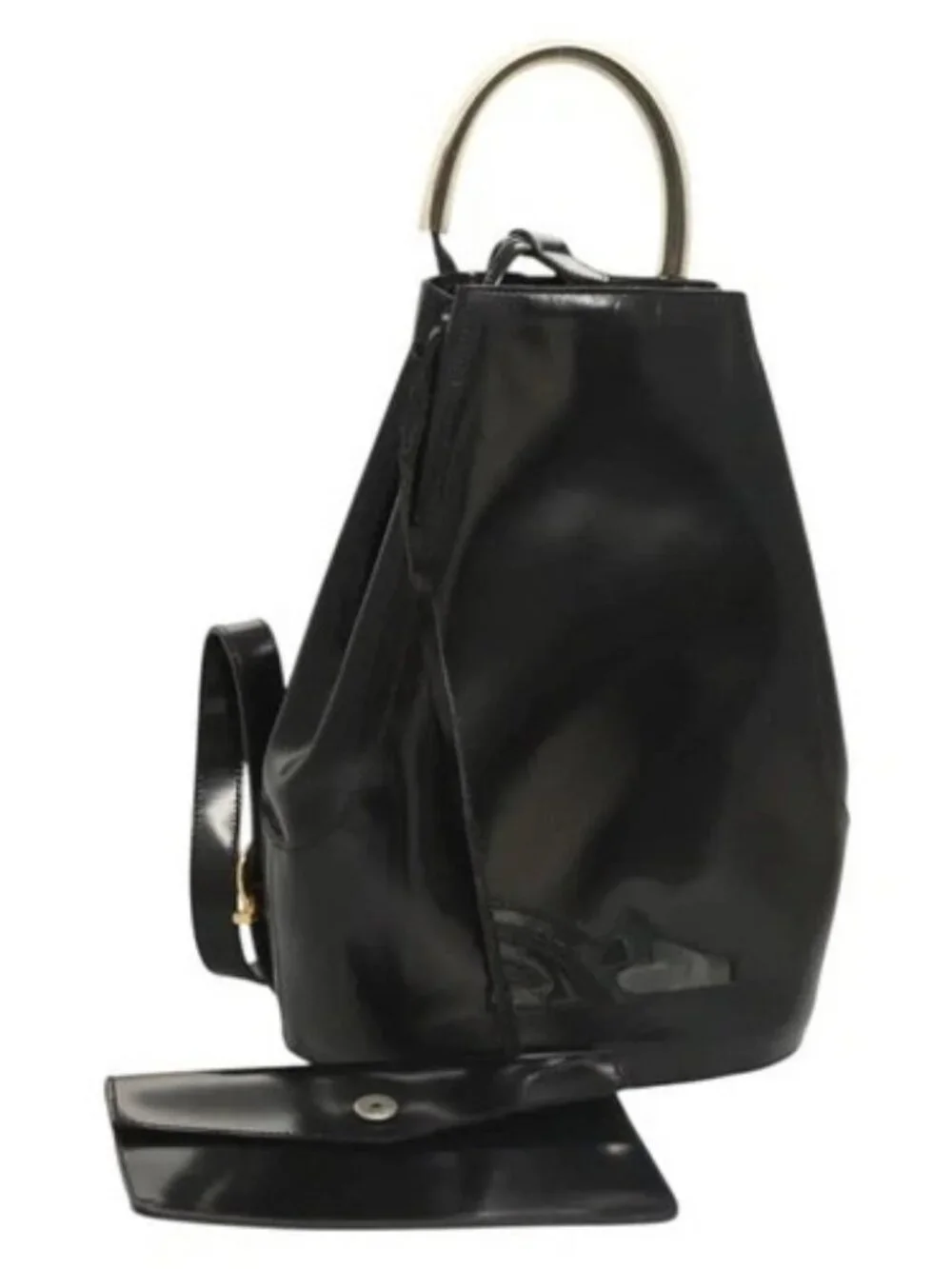 Salvatore Ferragamo Gancini Backpack Enamel Black Gold Auth 125955